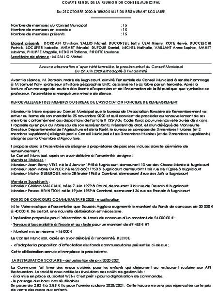 Compte rendu du Conseil Municipal du 21.10.2020