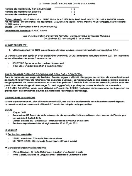 Compte rendu du conseil municipal du 15 mars 2021