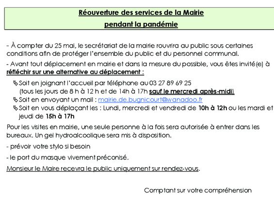 réouverture des services de la mairie pendant le confinement